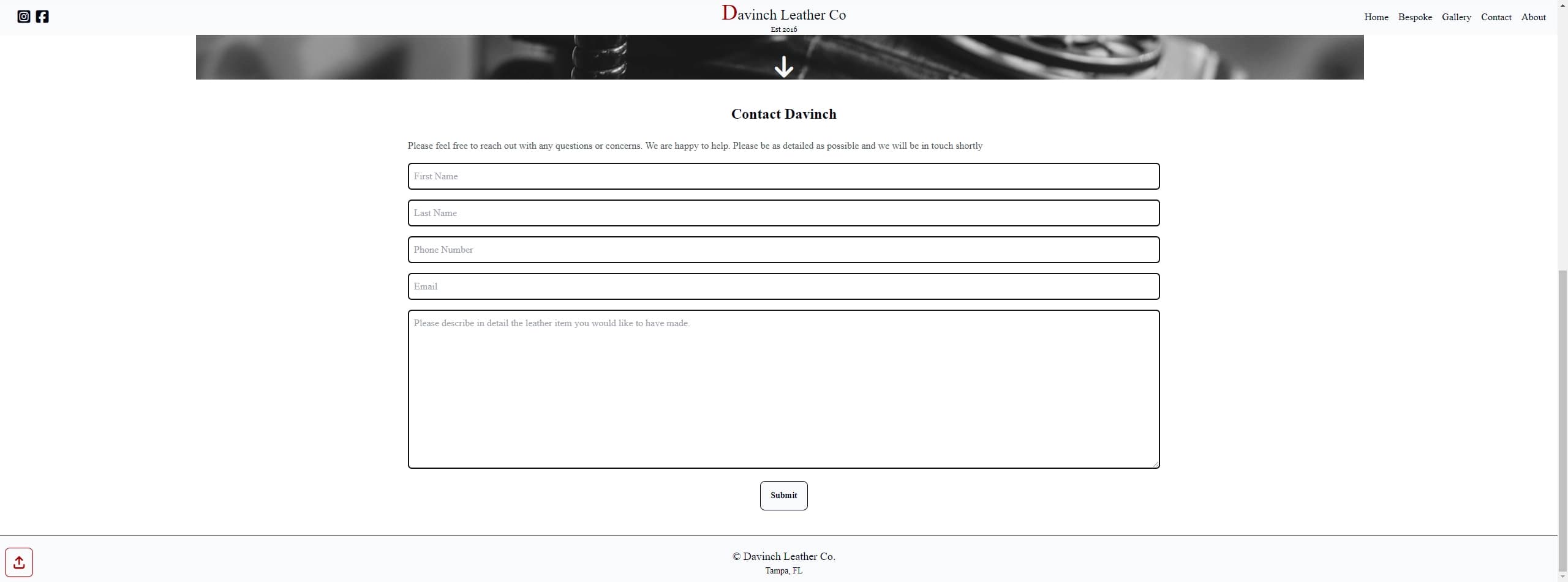 screenshot of Davinch Leather Website